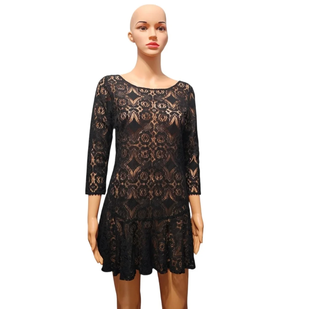Free People Black Lace Ruffle Hem Whimsigoth Mini Dress Sz 2